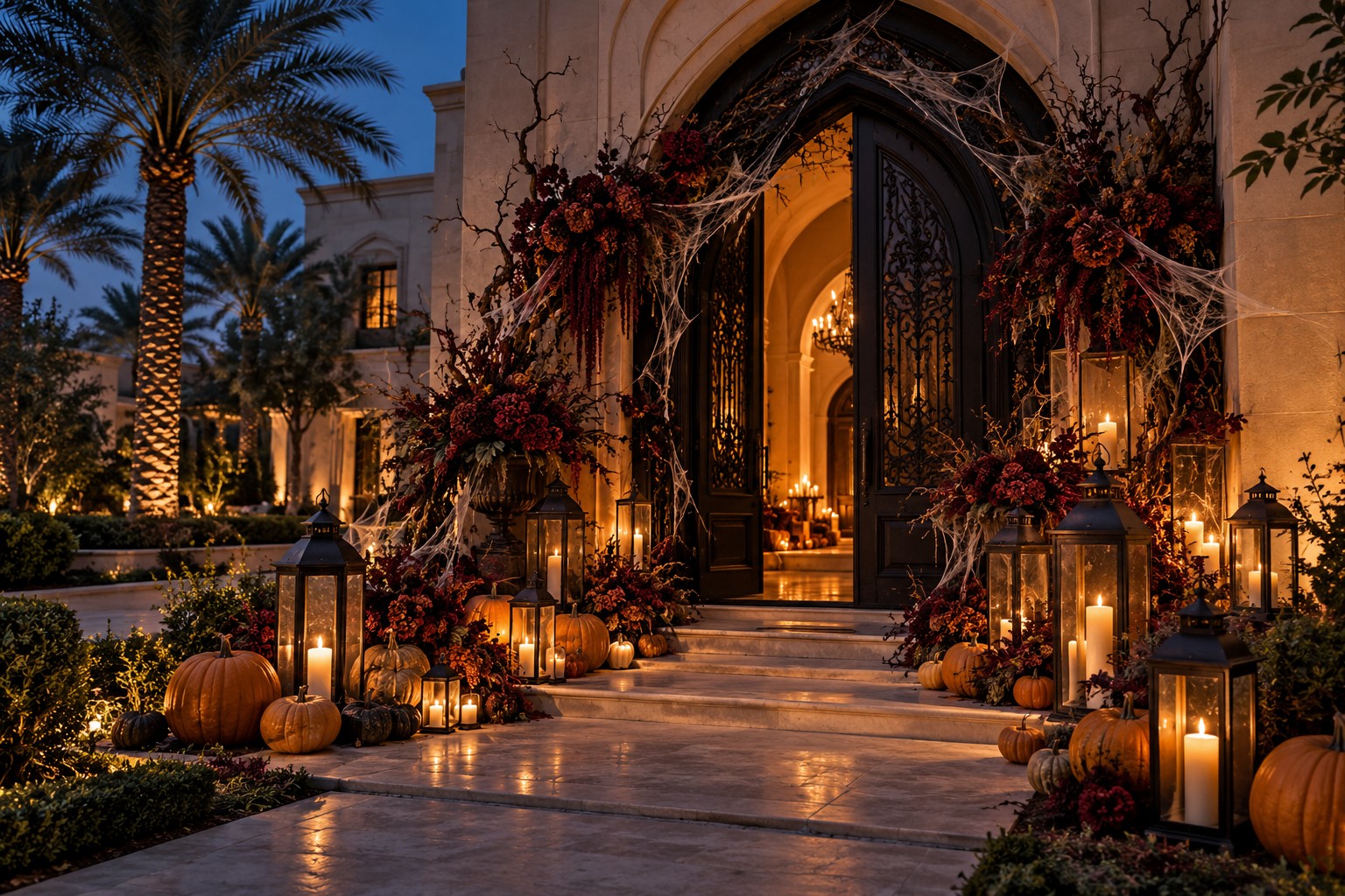 The entrance decorated for Halloween with pumpkins, candles and bare branches